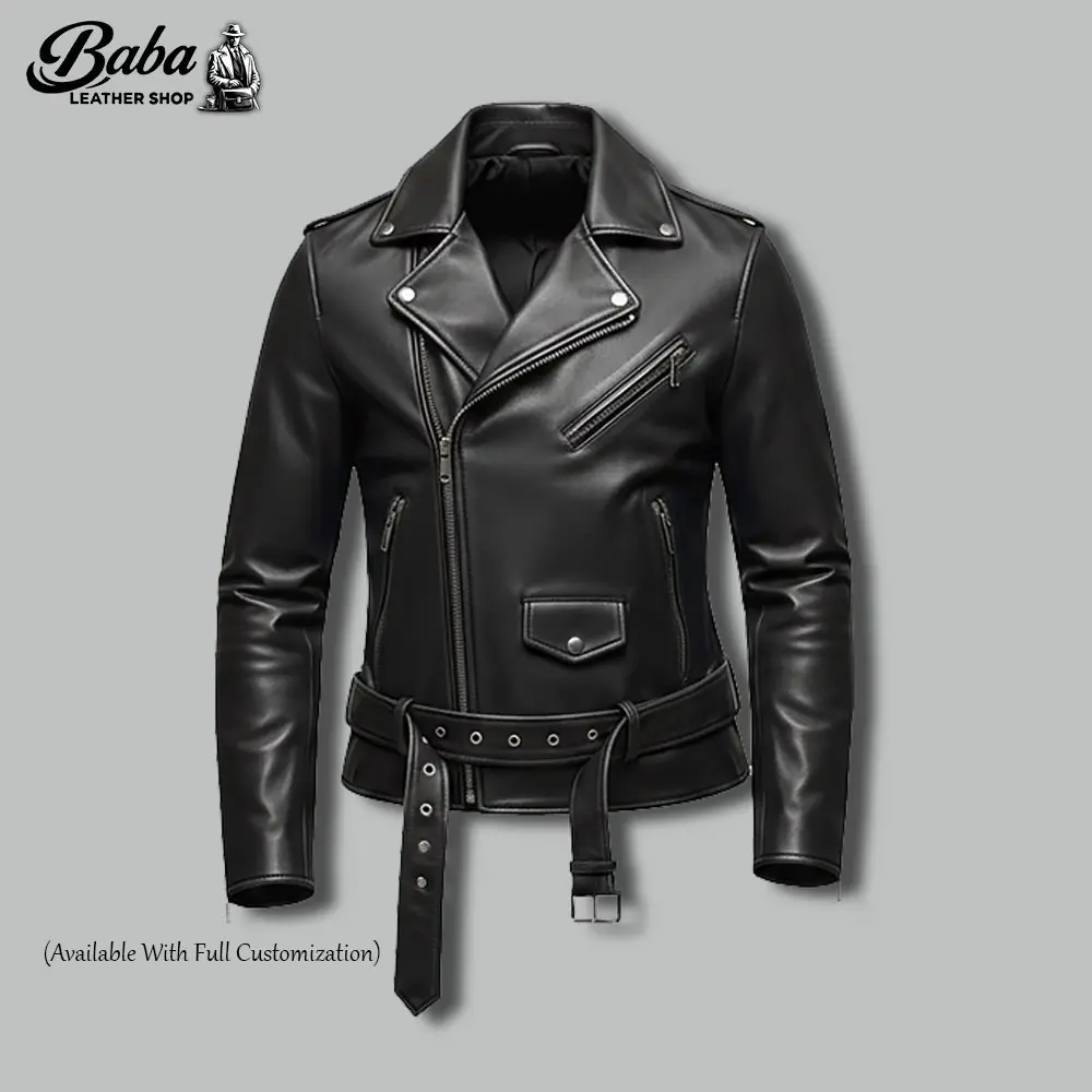 Men’s Biker Leather Jacket close up genuine leather stitching detail