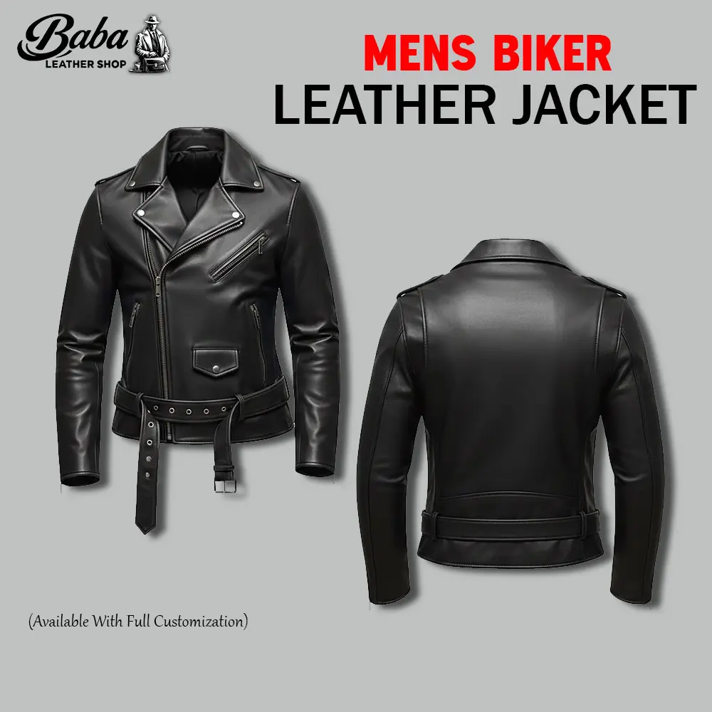 Men’s Biker Leather Jacket handmade from genuine leather front view