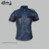 Fitted men's leather uniform shirt with structured collar and front button detail