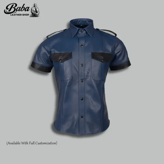 Fitted men's leather uniform shirt with structured collar and front button detail