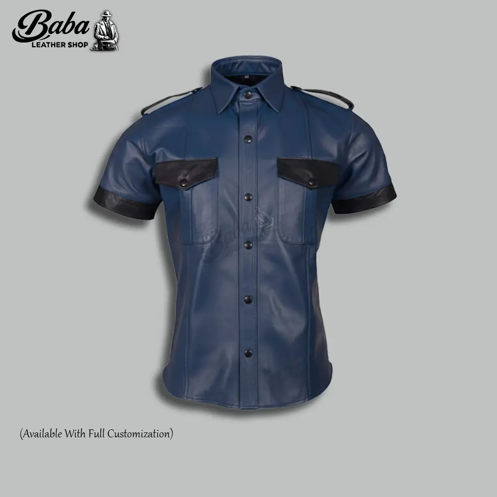 Fitted men's leather uniform shirt with structured collar and front button detail