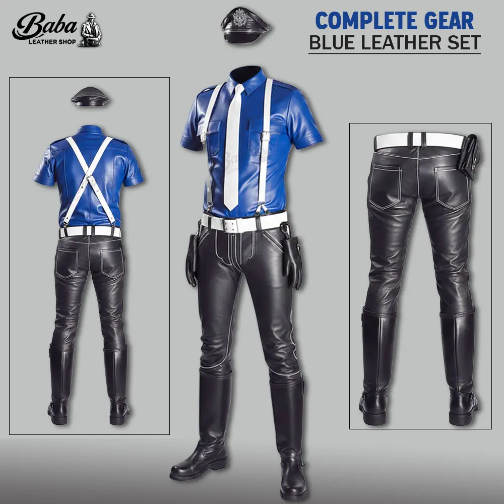 Complete Gear Blue Leather Set Mens Leather Uniform Police Style Two Piece