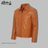 Caramel leather jacket front view - showing zipper detail, pockets, and premium leather finish