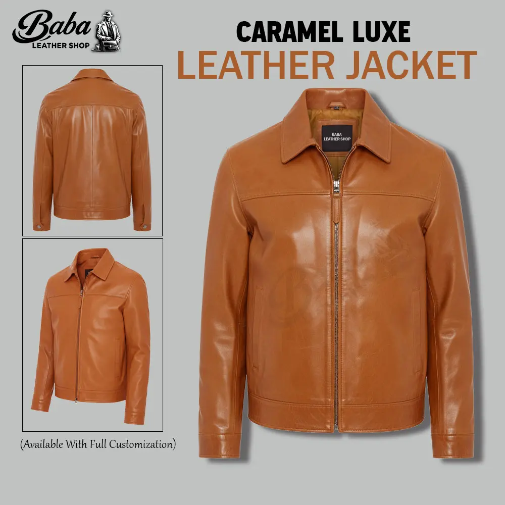 Caramel Luxe Leather Jacket - Premium lambskin leather jacket in warm caramel brown color