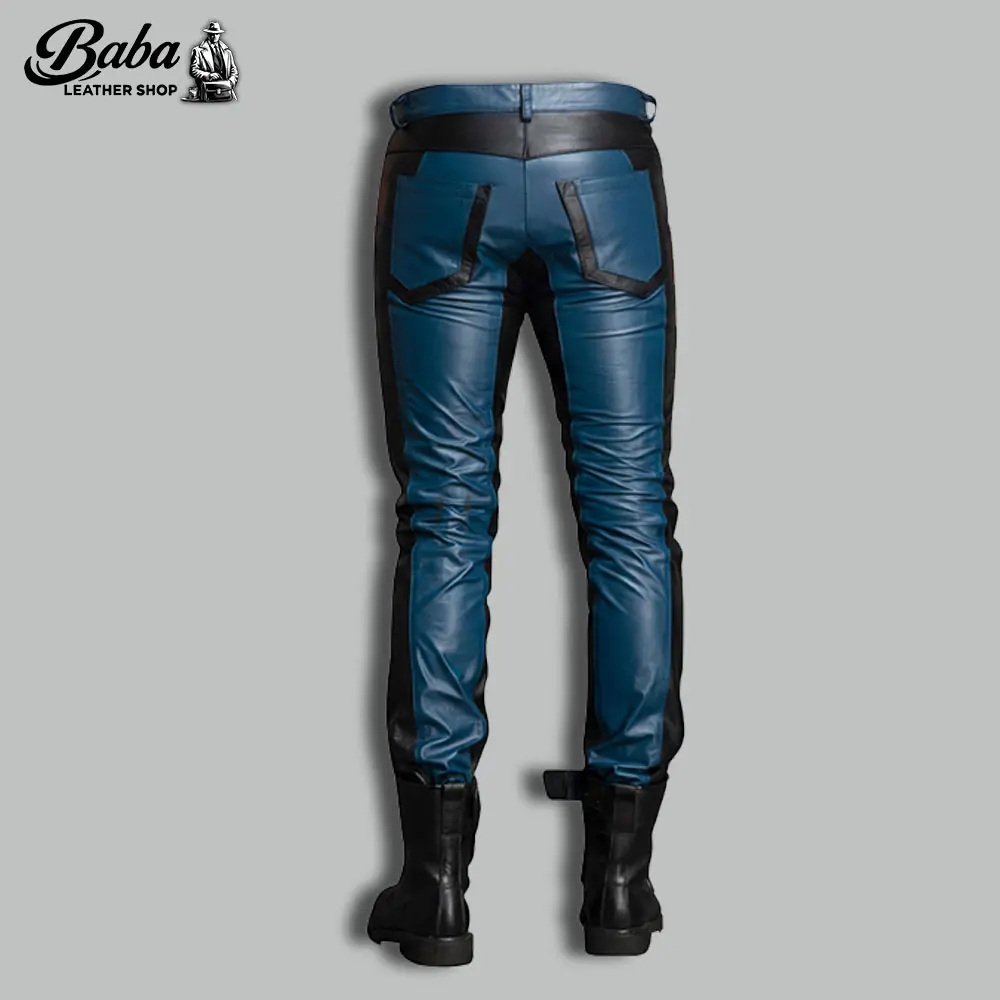 Mens leather pants back view displaying rear pockets and tailored fit