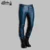 Gay leather jeans front view showing five pocket design and YKK zipper closure
