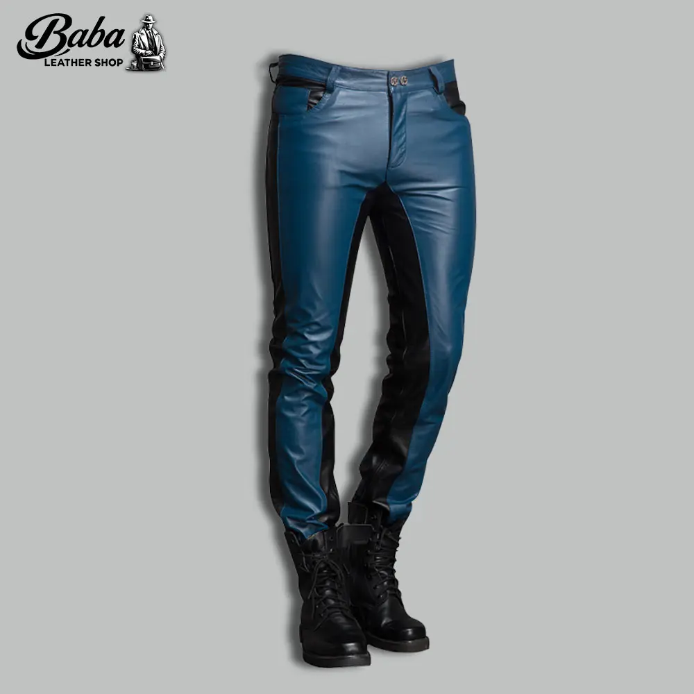 Gay leather jeans front view showing five pocket design and YKK zipper closure
