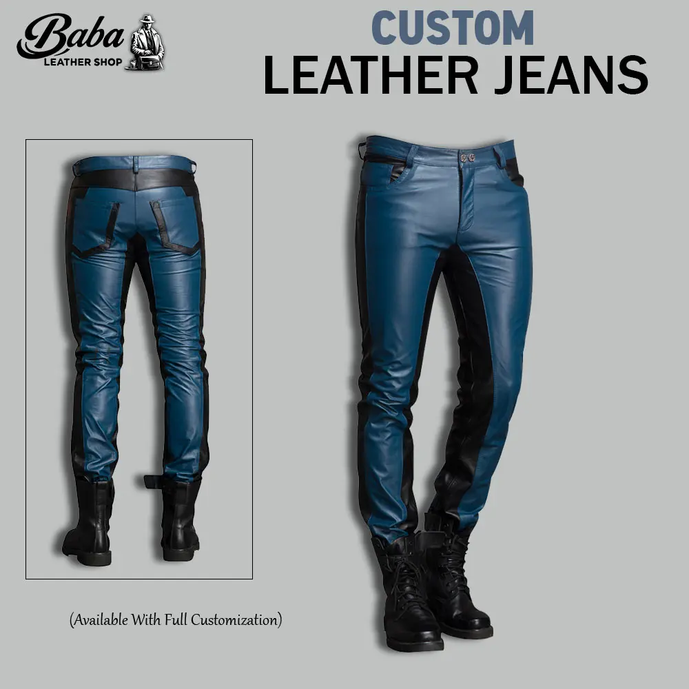Custom leather jeans for men in black premium cowhide with perfect fit