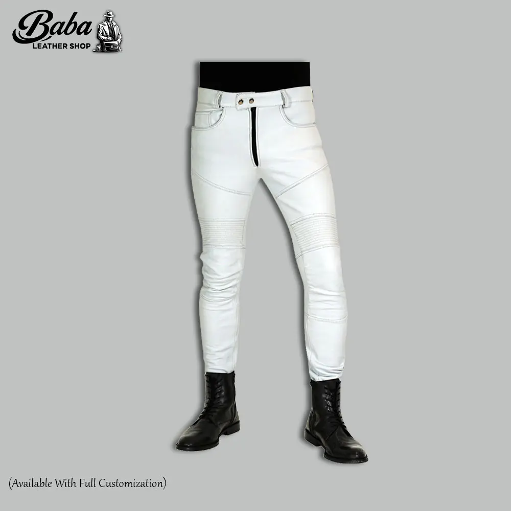 White Leather Pants Men – Front View, Slim Fit Design
