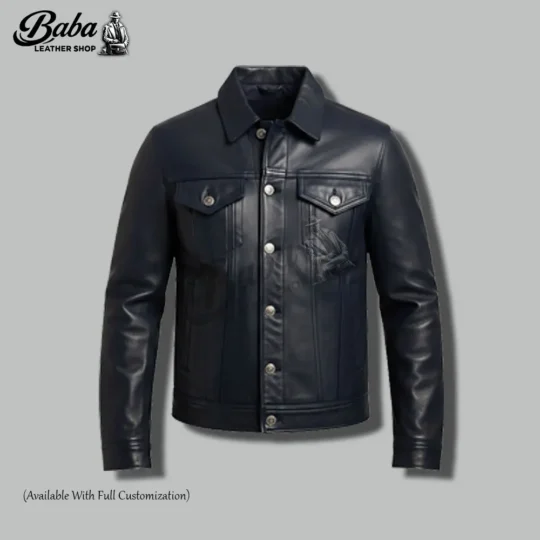 Front view of mens casual leather jacket in premium indigo blue