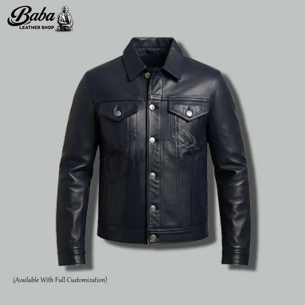 Front view of mens casual leather jacket in premium indigo blue