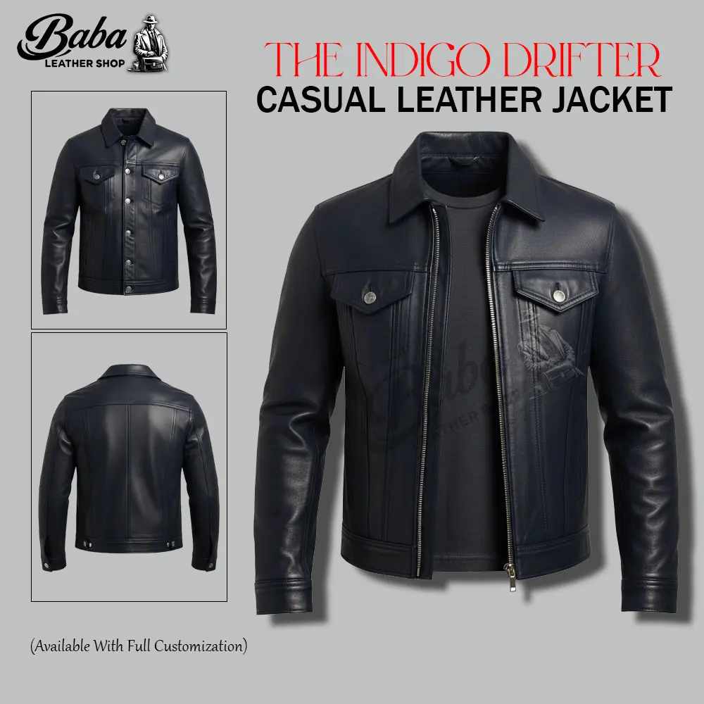 Indigo Drifter Casual Leather Jacket in rich blue handcrafted finish