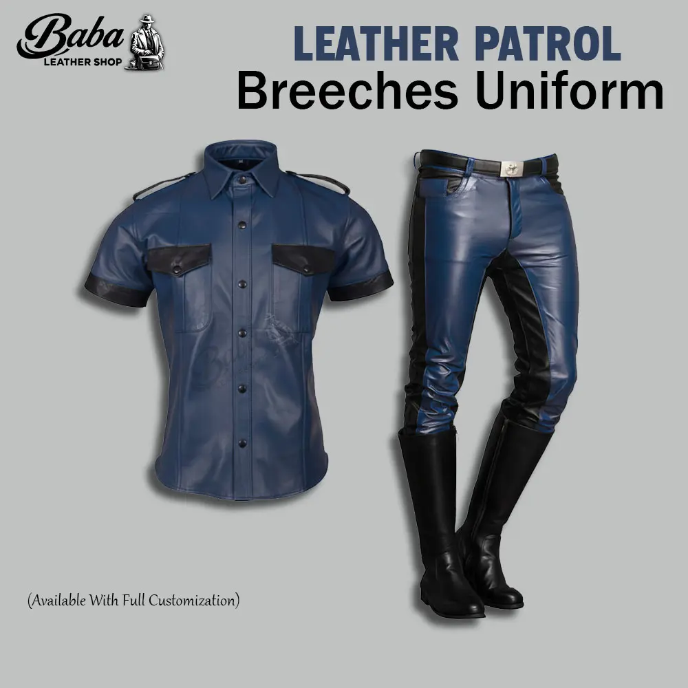 Men's leather breeches uniform with matching leather shirt and fitted breeches