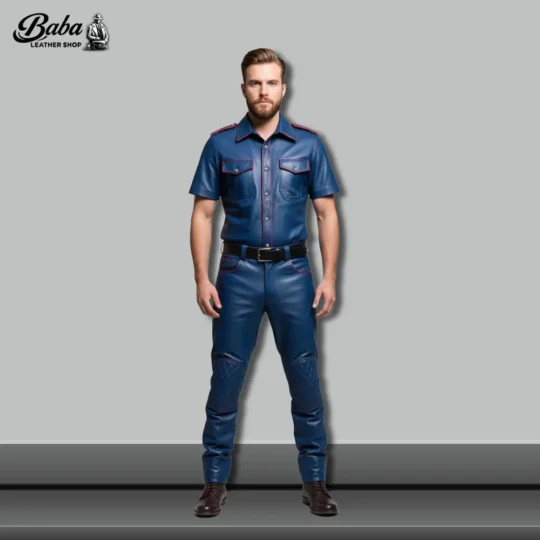 Front view of 2 Piece Leather Outfit showing zipper detailing, stitching & premium leather fit