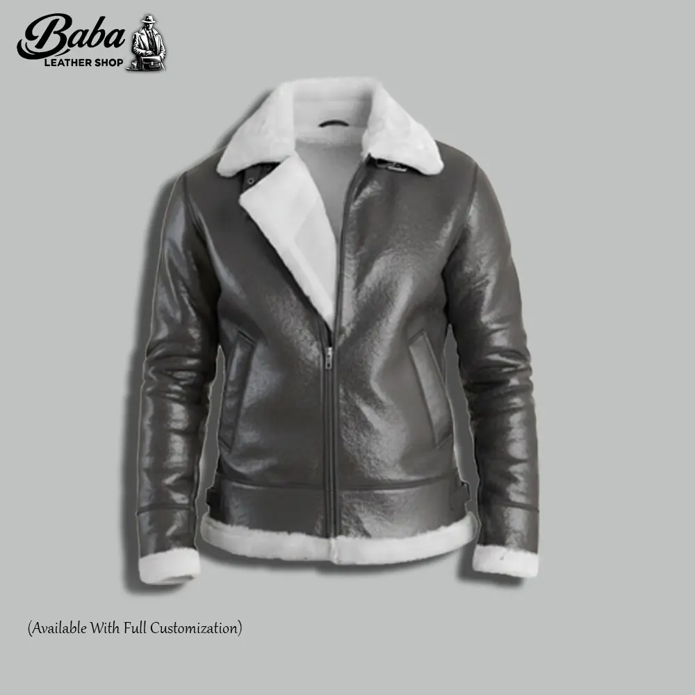 Front view of men's heritage leather jacket with shearling lining, zip closure and structured fit