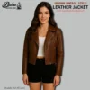Women's vintage brown leather jacket front view — full-length, structured silhouette with zip closure