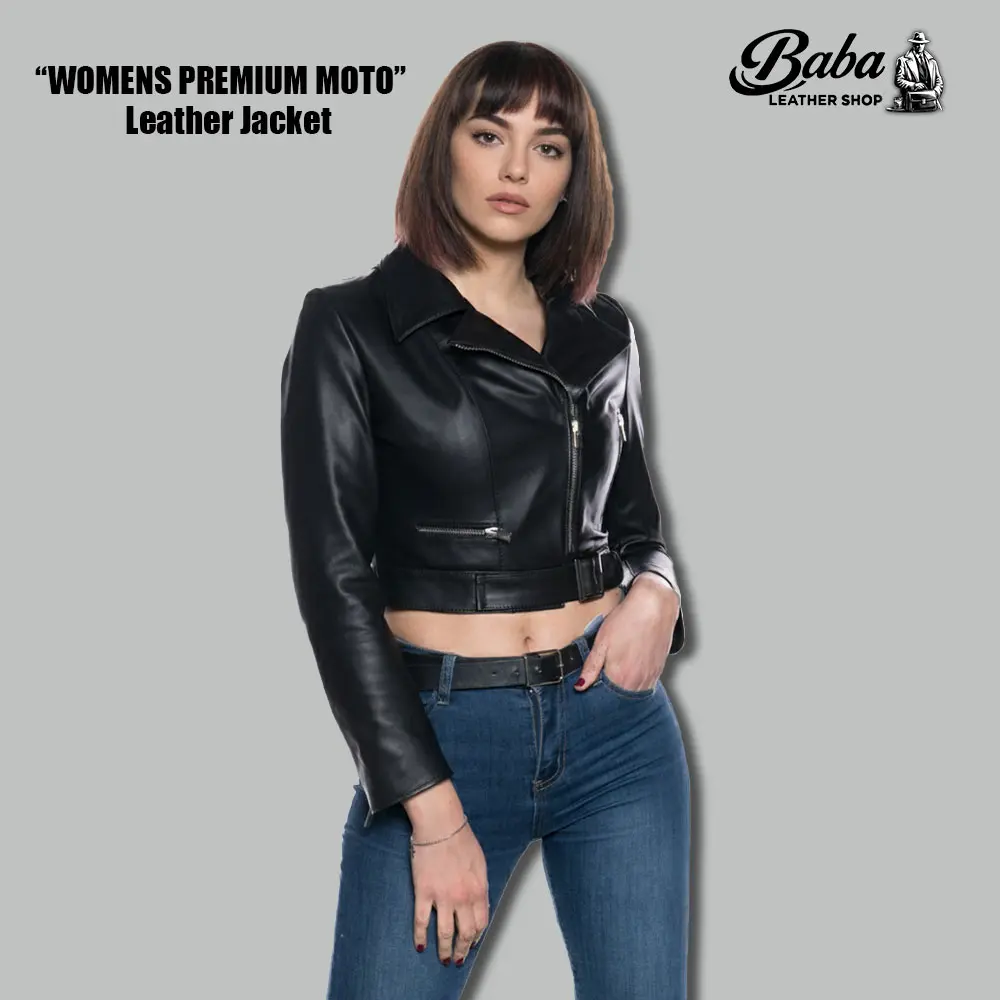 Short ladies leather moto jacket in premium black leather – women's biker style