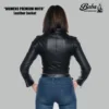 Back view of ladies short leather jacket showing clean cut and premium stitching