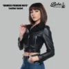Front view of women short moto jacket with asymmetric zip and snap collar detail