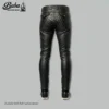 Back view of stylish black leather pants with side stripe – premium stitching and tailored made-to-measure fit