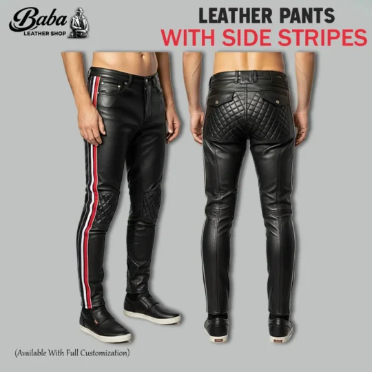 Premium black pants with leather stripe on side – custom fit in Lambskin, Cowhide & Full-Grain leather