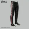 Close-up of leather side stripe detail on black pants – available in red stripe and custom color variations