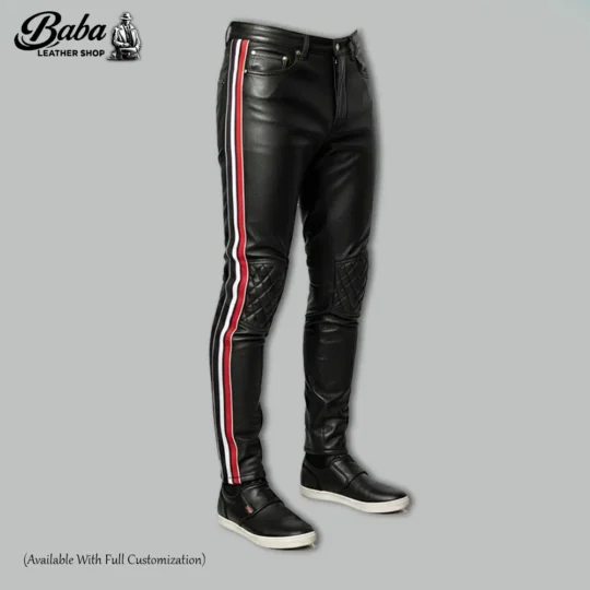 Close-up of leather side stripe detail on black pants – available in red stripe and custom color variations