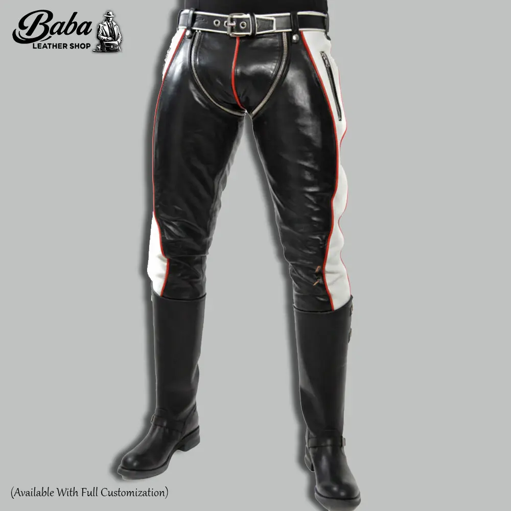 Real leather pants for men in slim fit black lambskin with premium stitching — front view