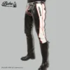 Slim leather pants men side profile view displaying supple texture, clean waistband and slim leg
