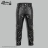Front view of black leather zipper pants with zip fly closure