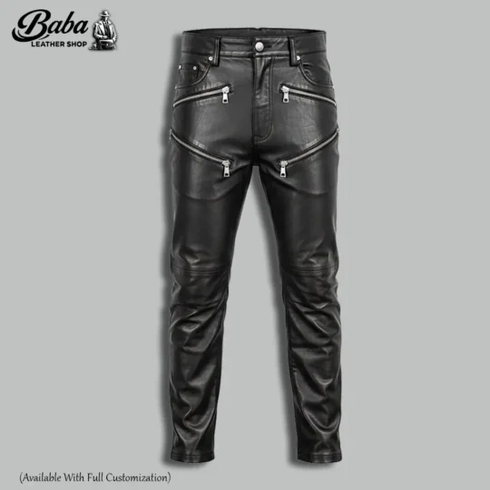 Front view of black leather zipper pants with zip fly closure