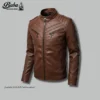 Front view of brown cafe racer leather jacket showing YKK zipper, quilted panels, and biker-style design
