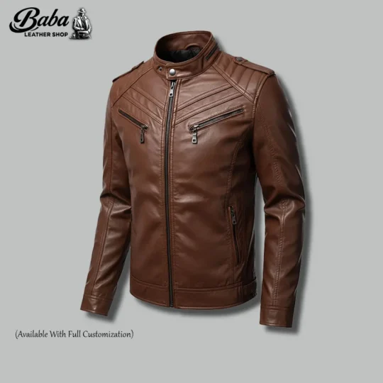 Front view of brown cafe racer leather jacket showing YKK zipper, quilted panels, and biker-style design