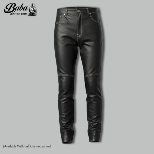 Black leather pants for men slim fit genuine leather front view