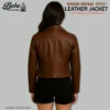 Women's vintage brown leather jacket back view — smooth genuine leather finish with clean seam detailing