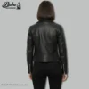 Back view of a women's black zippered MOTO leather jacket showing panel stitching and cut