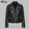 Front view of a women's black MOTO leather jacket with asymmetrical zipper and snap collar
