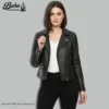 Mannequin wearing a women's black zippered MOTO leather jacket showing full-body fit