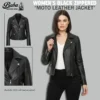 Woman's black zippered MOTO leather jacket displayed flat against a clean background