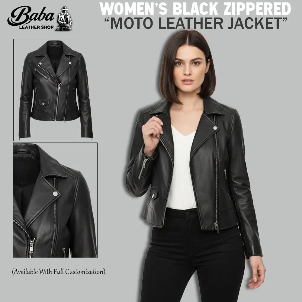 Woman's black zippered MOTO leather jacket displayed flat against a clean background