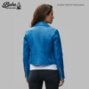Back view of a cropped biker leather jacket for women showing clean seam stitching and tailored fit