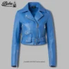 Close-up detail of women's cropped leather biker jacket showing zipper hardware, stitching, and leather texture