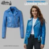 Women's cropped leather biker jacket in black with asymmetric zip and moto hardware — front view