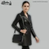 Left front view of women's leather coat showing double-breasted button closure and collar detail