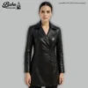 Full front view of double breasted leather coat displaying lapel design and fitted silhouette