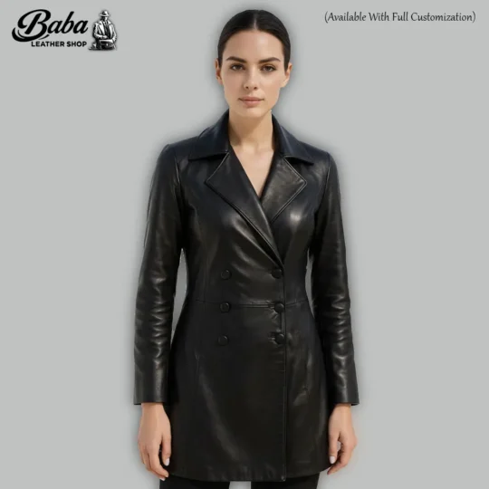Full front view of double breasted leather coat displaying lapel design and fitted silhouette
