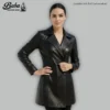Woman wearing double breasted leather jacket styled for a polished, fashion-forward look