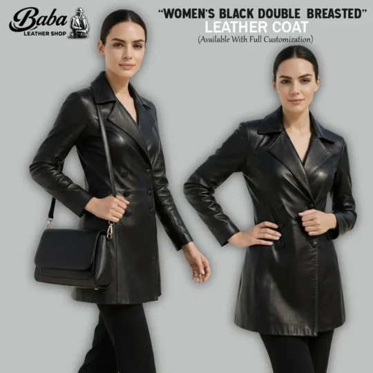 Woman's double breasted leather coat in black with structured lapels and polished front buttons