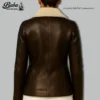 Back view of womens shearling aviator jacket displaying full leather construction and shearling lining detail