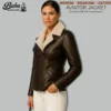 Front side view of leather shearling aviator jacket womens style showing collar depth and jacket structure